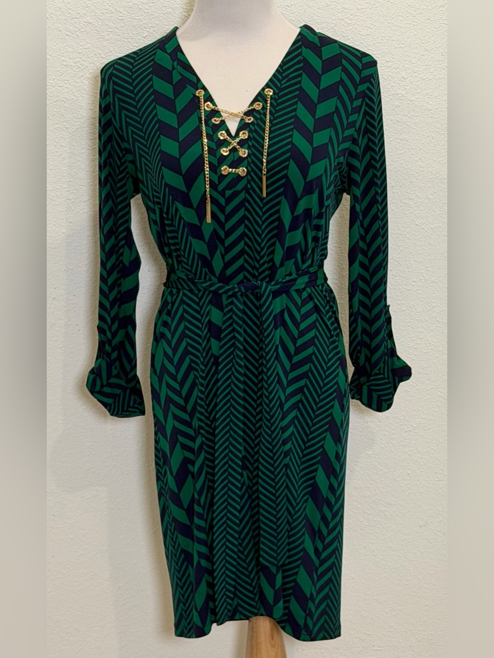 Michael Kors Chevron Print Chain Lace-Up Belted Shift Dress Medium Green Navy